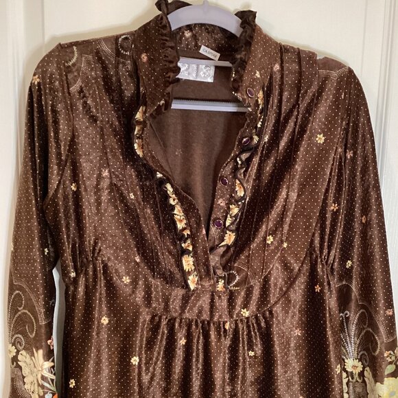 213 Women's Brown Dress Crush Velvet Vintage Retro Style Ruffles Long Sleeves - Picture 6 of 12